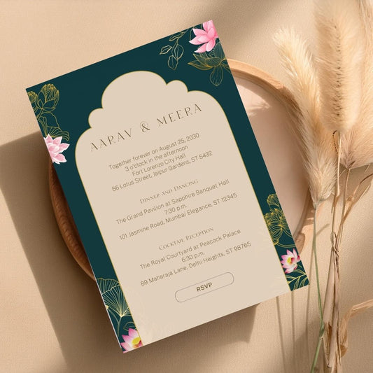 Golden Lotus Hindu & Sikh Digital Wedding Invite & Save the Date Card Template – Editable A5