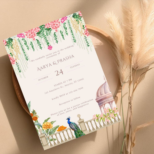 Peacock Bliss Digital A5 Hindu Wedding Invitation Template